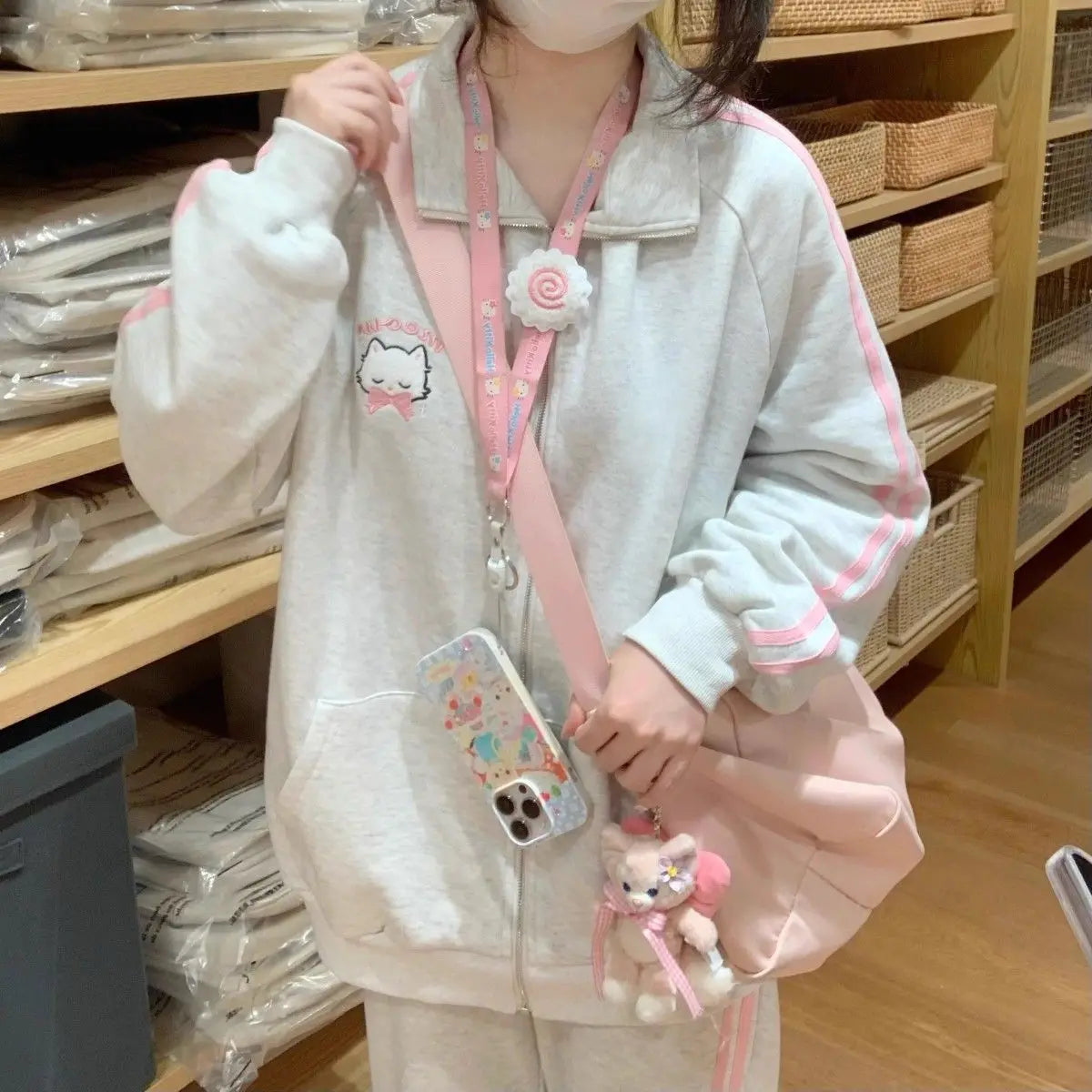 Cute Cartoon Embroidered Zip-Up Hoodie