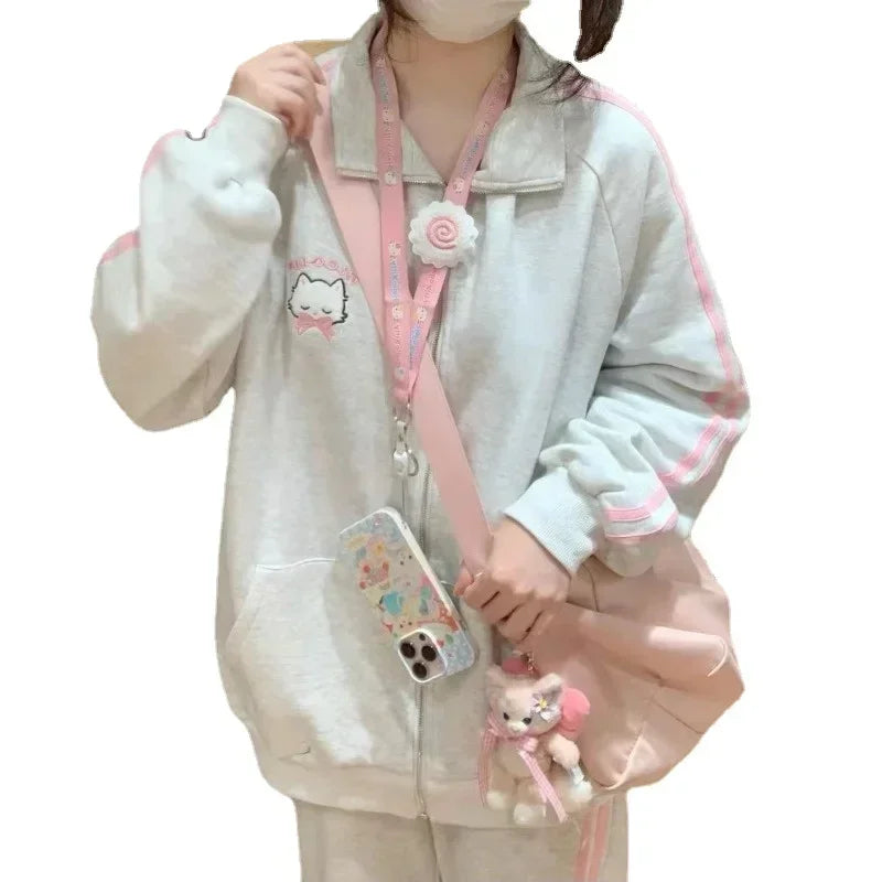 Cute Cartoon Embroidered Zip-Up Hoodie