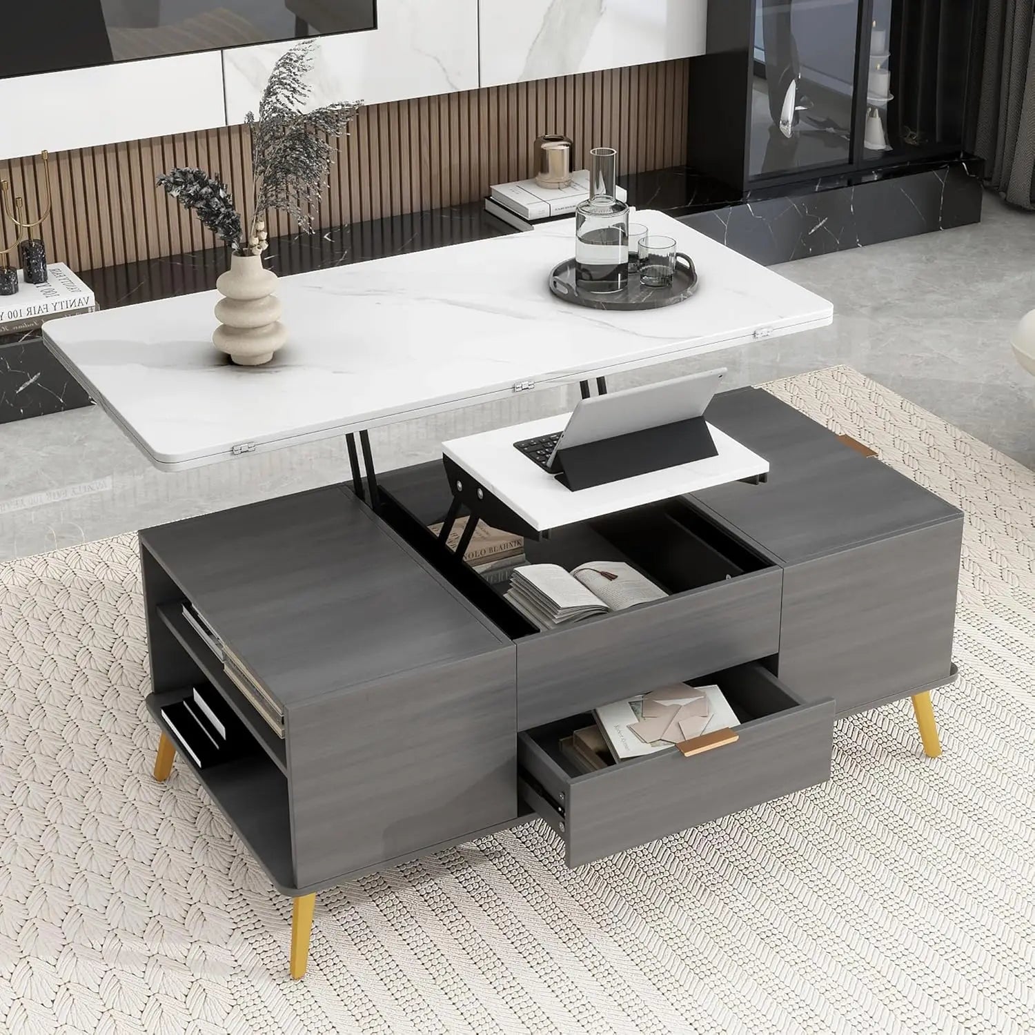 Modern Grey Multifunctional Lift-Top Coffee Table with Storage